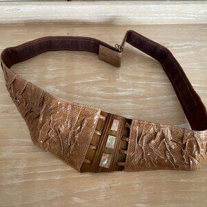 Vintage Wide Brown Reptile Design Contour Belt w/ Wooden Accents & Shell Inlays